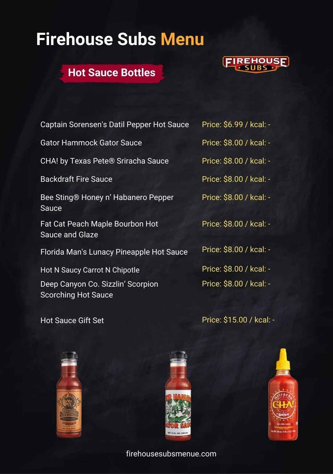 Firehouse Subs Hot Sauce Bottles Menu