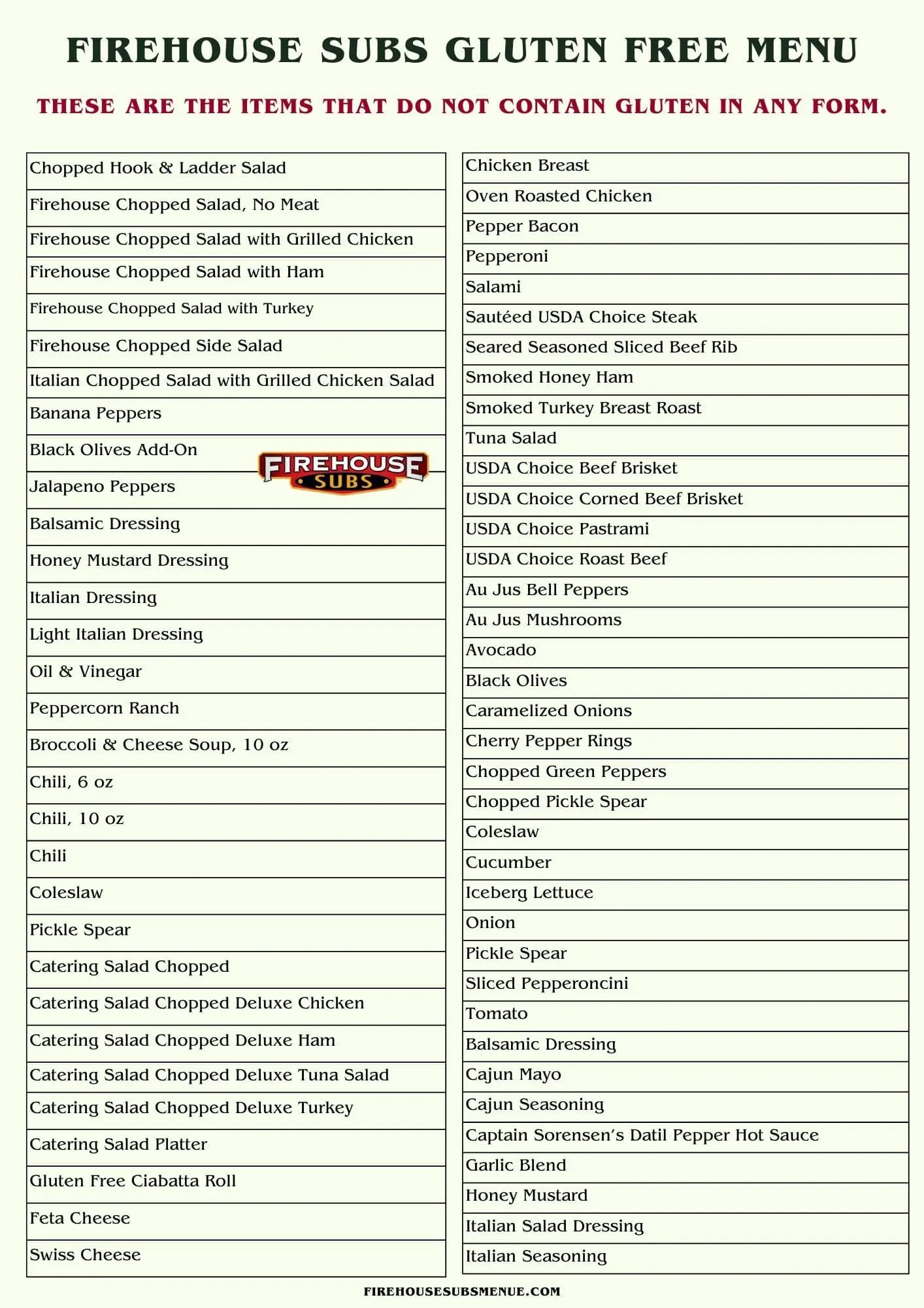 Firehouse Subs Gluten Free Menu