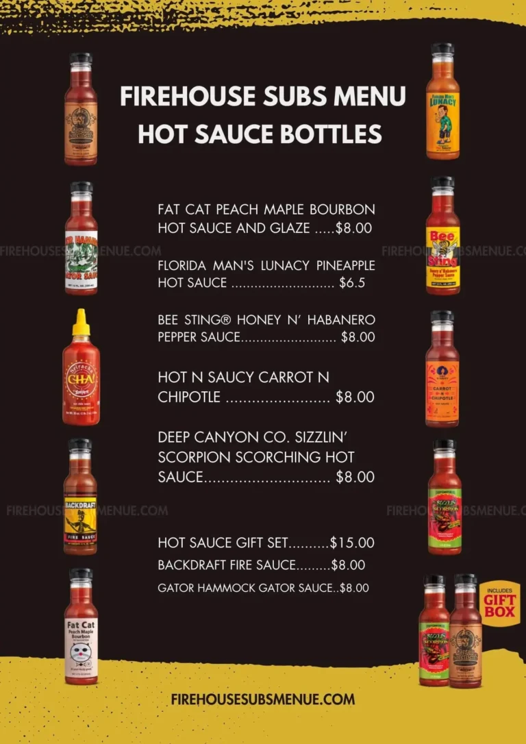 Firehouse Subs Hot Sauce Bottles Menu